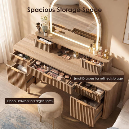 Hvoonc Vanity Desk with Mirror and Lights, Fluted Makeup Vanity Table with 7 Drawers, Large Arched LED Mirror, Dressing Table with Storage for Bedroom, Natural Oak