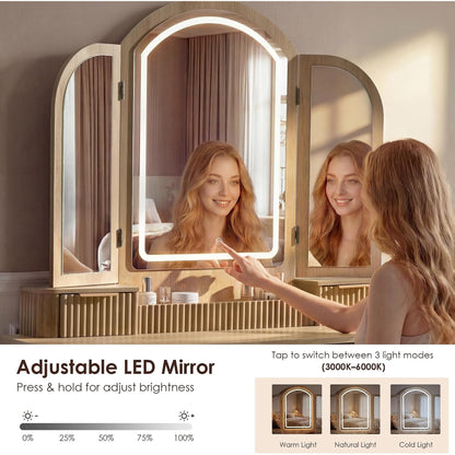 Hvoonc Vanity Desk with Trifold Mirrors and Lights, Fluted Makeup Vanity Table with 9 Drawers, Large Arched LED Mirror, Dressing Table with Storage for Bedroom, Natural Oak