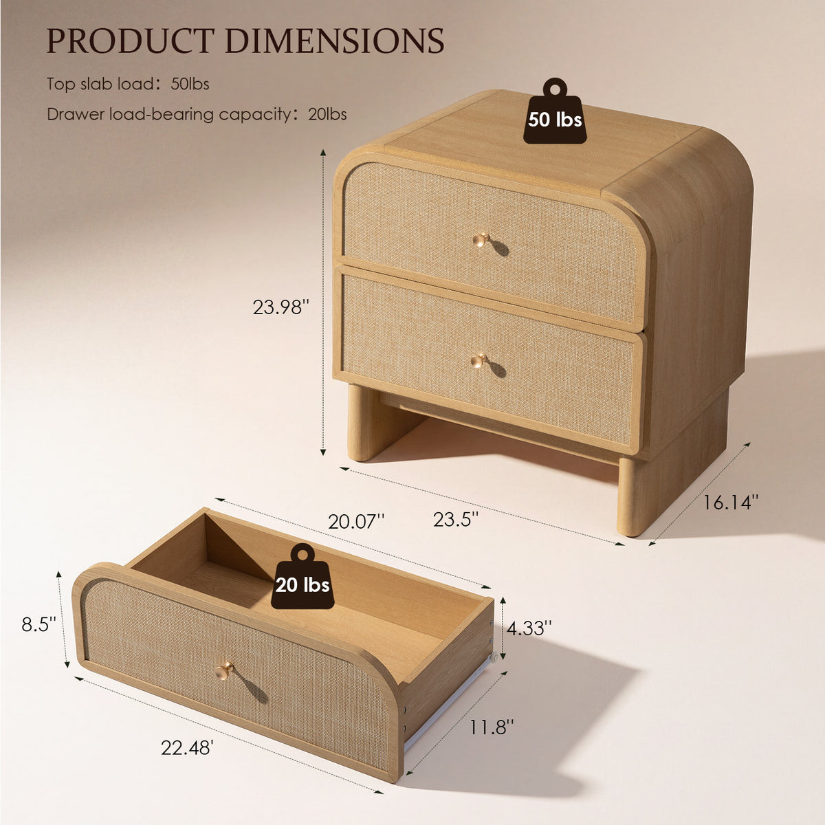 Hvoonc Nightstands Set of 2 with 2 Drawers, Large Rounded Rattan Bedside Tables with Storage, Modern End Tables for Bedroom, Natrual Oak Wood Finish