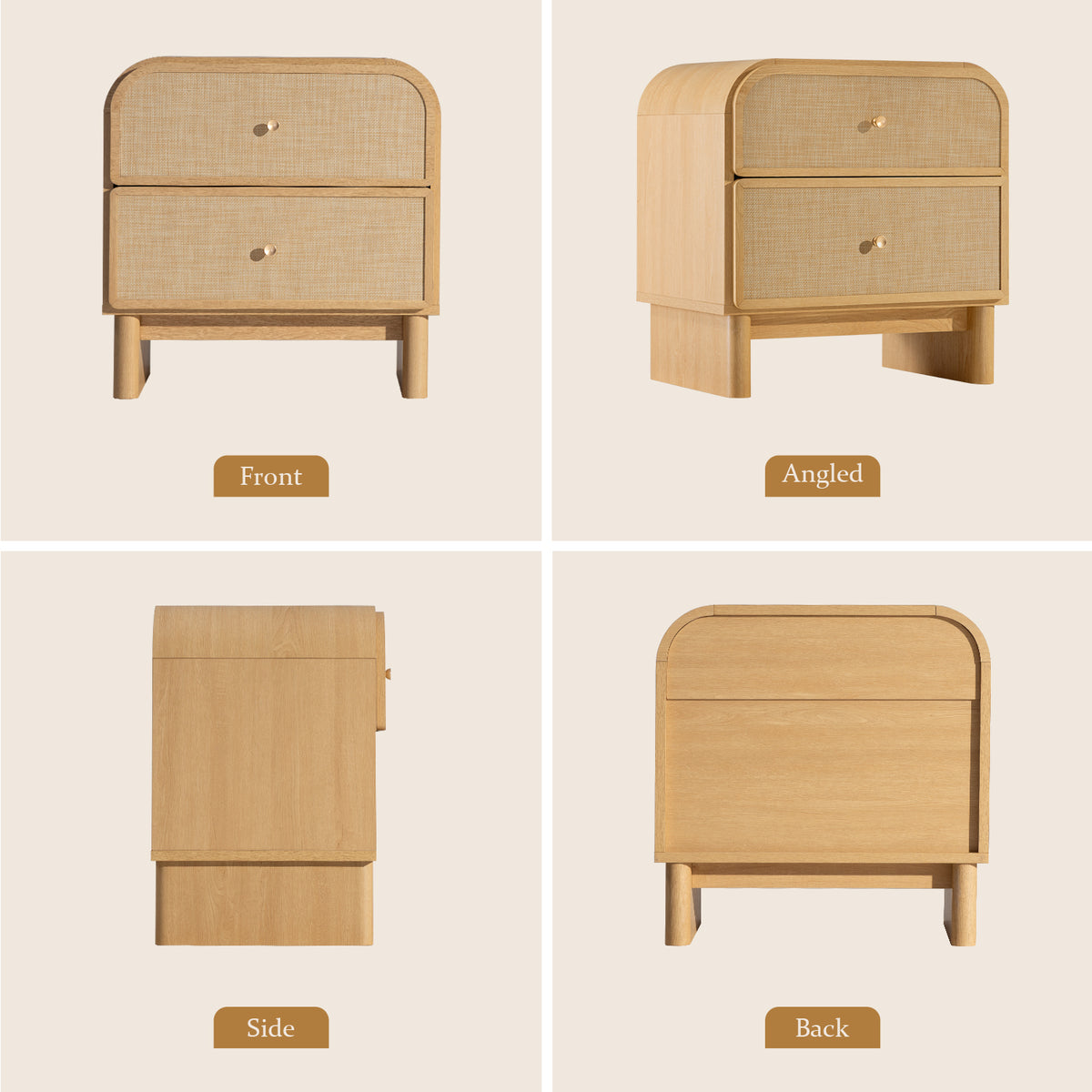 Hvoonc Nightstands Set of 2 with 2 Drawers, Large Rounded Rattan Bedside Tables with Storage, Modern End Tables for Bedroom, Natrual Oak Wood Finish