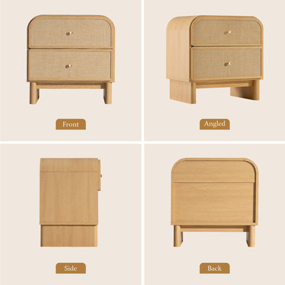 Hvoonc Nightstands Set of 2 with 2 Drawers, Large Rounded Rattan Bedside Tables with Storage, Modern End Tables for Bedroom, Natrual Oak Wood Finish