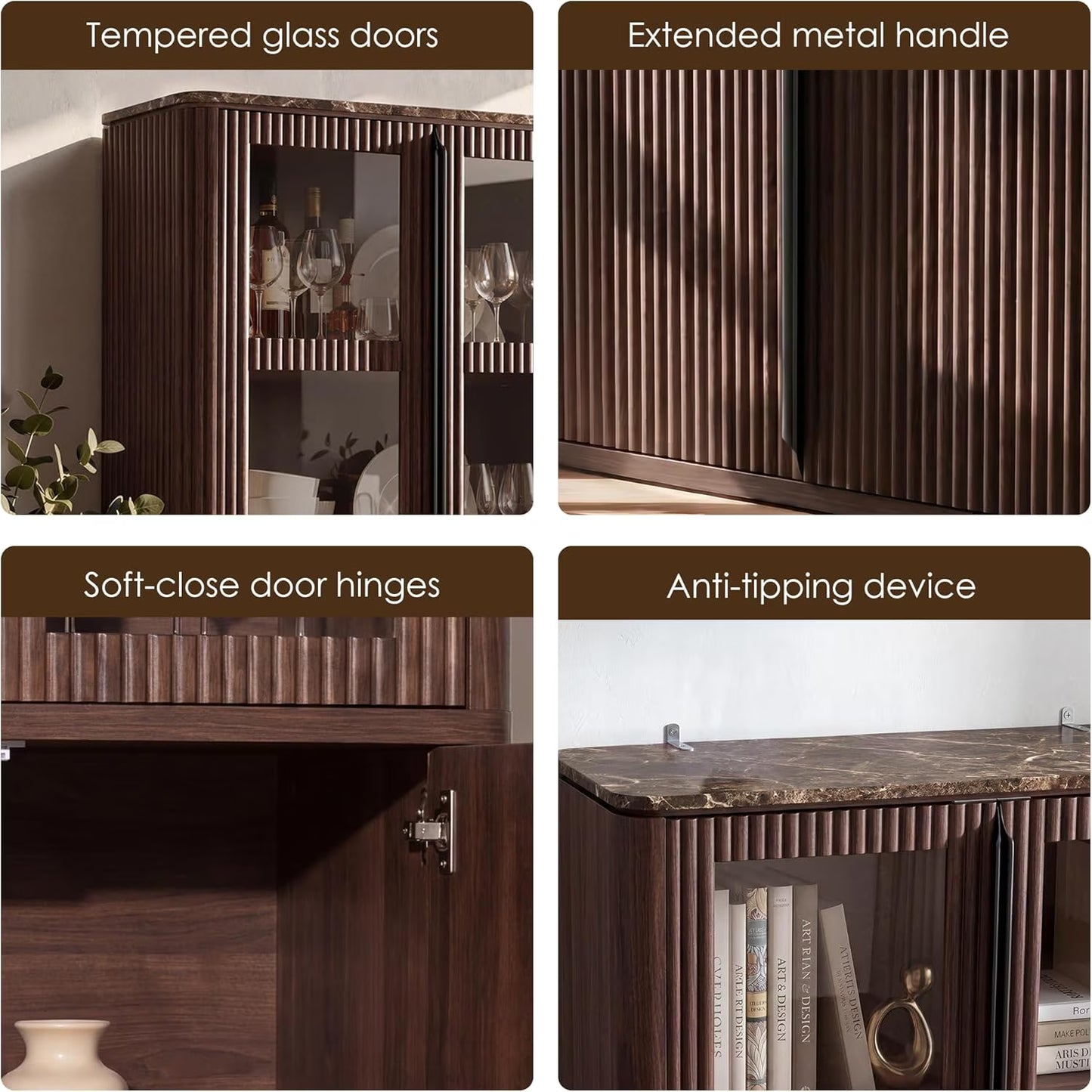 Hvoonc 77" Tall Fluted Accent Storage Cabinet with Glass Doors and Shelves, Kitchen Pantry Cabinet Organizer, Natural Oak