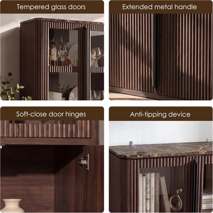 Hvoonc 77" Tall Fluted Accent Storage Cabinet with Glass Doors and Shelves, Kitchen Pantry Cabinet Organizer, Natural Oak