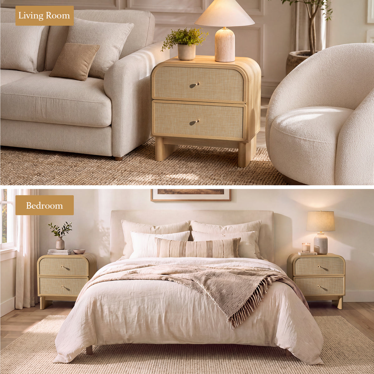 Hvoonc Nightstands Set of 2 with 2 Drawers, Large Rounded Rattan Bedside Tables with Storage, Modern End Tables for Bedroom, Natrual Oak Wood Finish