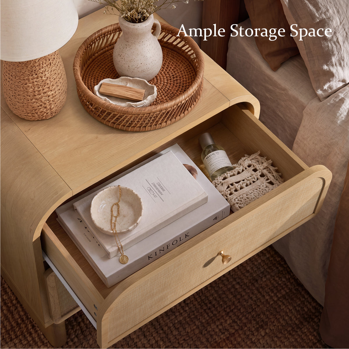 Hvoonc Nightstands Set of 2 with 2 Drawers, Large Rounded Rattan Bedside Tables with Storage, Modern End Tables for Bedroom, Natrual Oak Wood Finish