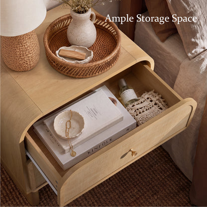 Hvoonc Nightstands Set of 2 with 2 Drawers, Large Rounded Rattan Bedside Tables with Storage, Modern End Tables for Bedroom, Natrual Oak Wood Finish