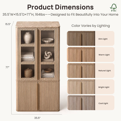 Hvoonc Set of 2 77" Tall Fluted Accent Storage Cabinet with Glass Doors and Shelves, Kitchen Pantry Cabinet Organizer, Natural Oak