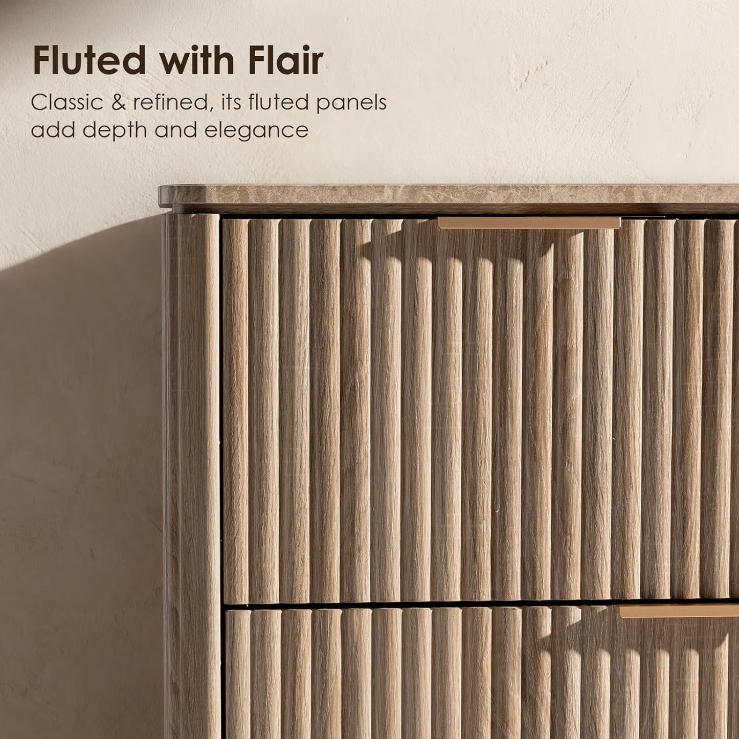 Hvoonc 5 Drawer Tall Dresser with Faux Marble Top, Fluted Wooden Chest of Drawers for Bedroom Small Spaces, Natural Oak