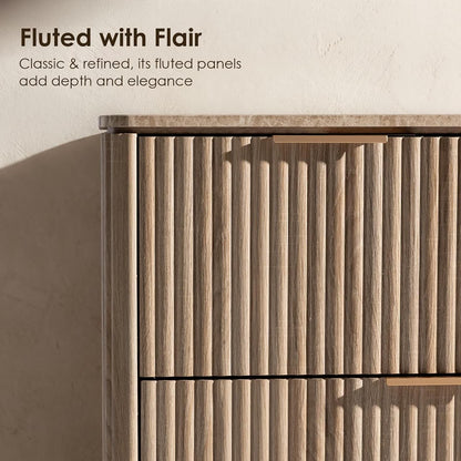 Hvoonc 5 Drawer Tall Dresser with Faux Marble Top, Fluted Wooden Chest of Drawers for Bedroom Small Spaces, Natural Oak