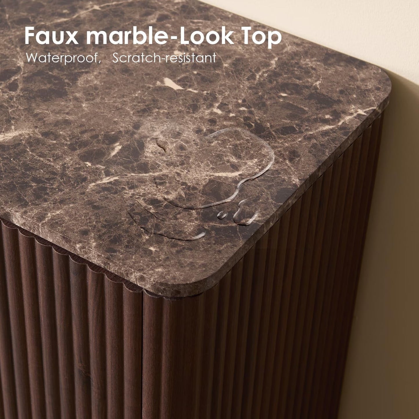 Hvoonc 2 Drawer Nightstand, 24" Tall Fluted Bedroom Bedside Table with Storage, Faux Marble Top, 2" Thick Side Panels, Walnut Brown