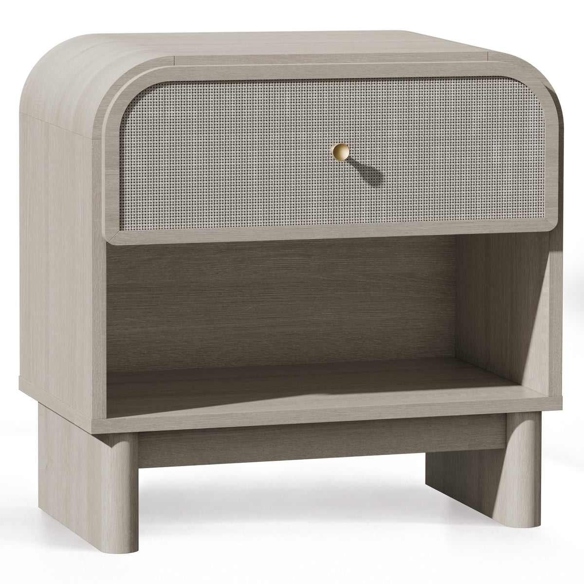 Hvoonc Nightstands Set of 2 with 1 Drawer and Open Shelf, Rounded Corner Rattan Bedside Tables with Storage, Modern End Tables for Bedroom, Gray Oak