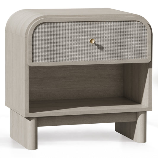 Hvoonc Nightstands Set of 2 with 1 Drawer and Open Shelf, Rounded Corner Rattan Bedside Tables with Storage, Modern End Tables for Bedroom, Gray Oak