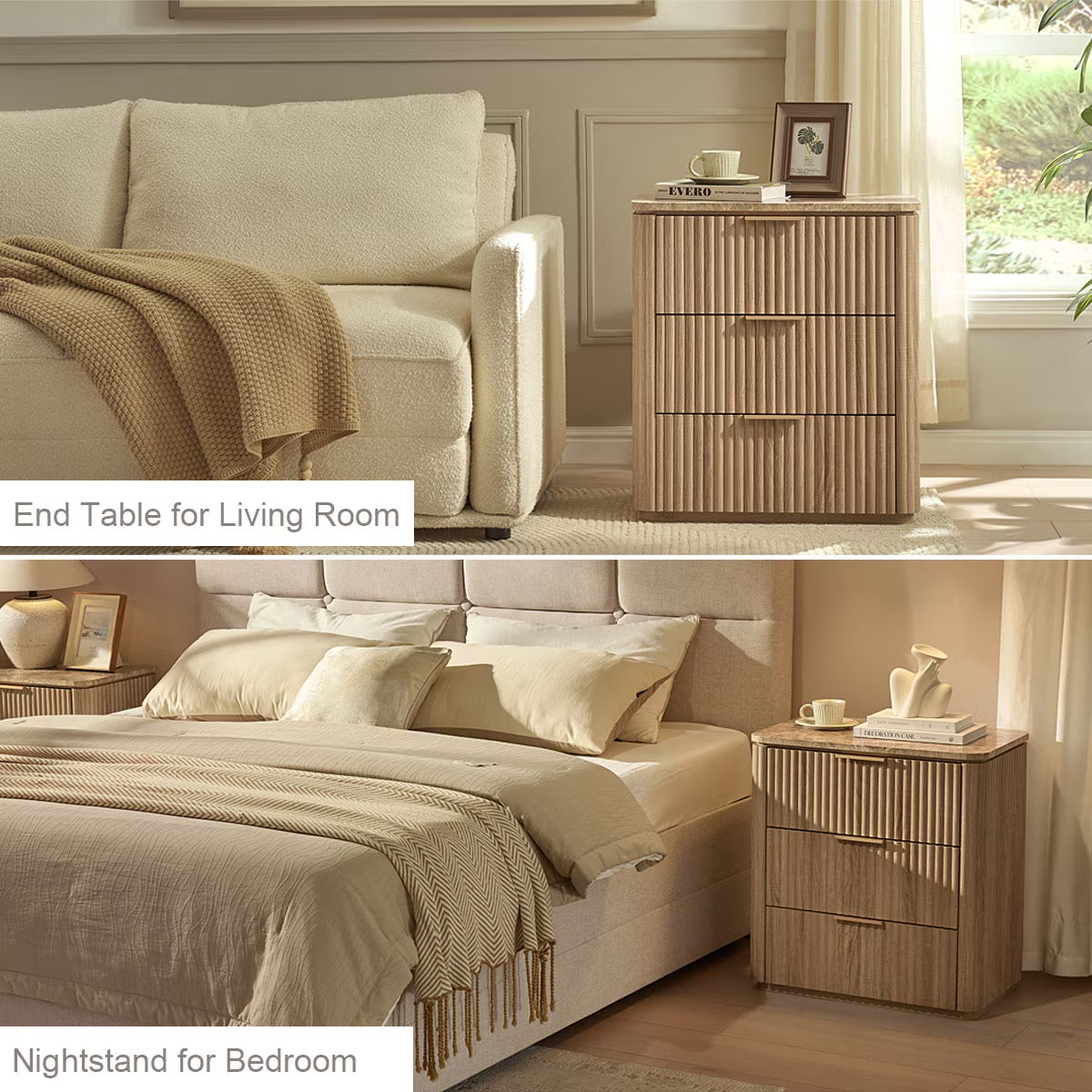 Hvoonc 3 Drawer Nightstands Set of 2, Fluted Bedside Tables with Faux Marble Top, Large Capacity Storage, Natural Oak