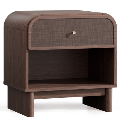 Hvoonc Nightstands Set of 2 with 1 Drawer and Open Shelf, Rounded Corner Rattan Bedside Tables with Storage, Modern End Tables for Bedroom, Dark Oak