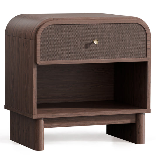 Hvoonc Nightstands Set of 2 with 1 Drawer and Open Shelf, Rounded Corner Rattan Bedside Tables with Storage, Modern End Tables for Bedroom, Dark Oak