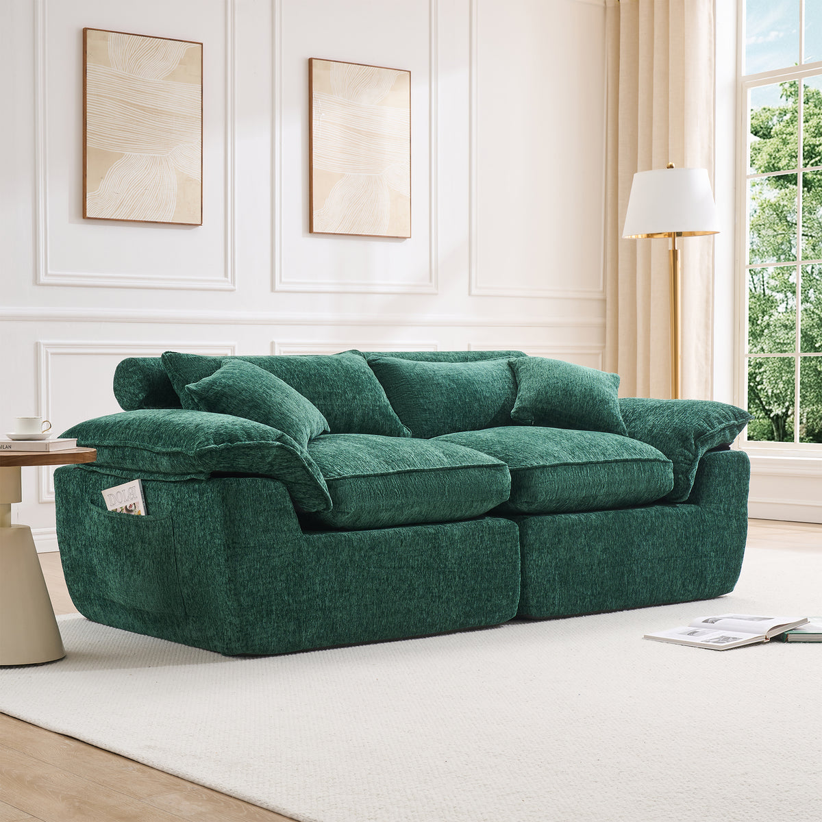 Hvoonc 83" Modular Loveseat Couch for Living Room, Boneless Chenille Cloud Sofa in a Box with 23.6" Deep Seat, Dark Green