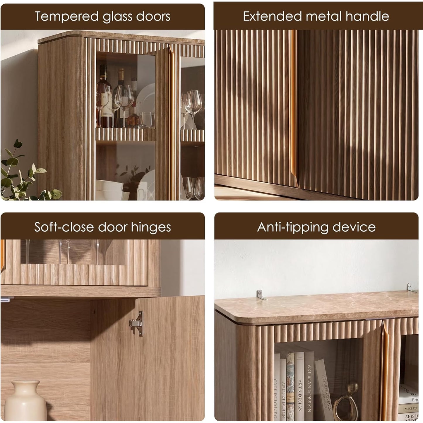 Hvoonc 77" Tall Fluted Accent Storage Cabinet with Glass Doors and Shelves, Kitchen Pantry Cabinet Organizer, Natural Oak