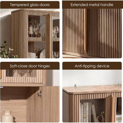 Hvoonc 77" Tall Fluted Accent Storage Cabinet with Glass Doors and Shelves, Kitchen Pantry Cabinet Organizer, Natural Oak