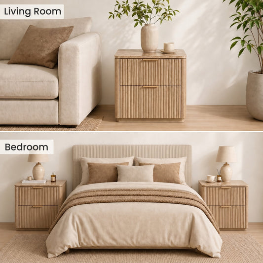 Hvoonc 2 Drawer Nightstands Set of 2, Faux Marble Top, Fluted Bedside Tables with Storage, FSC Certified Wood, Natural Oak