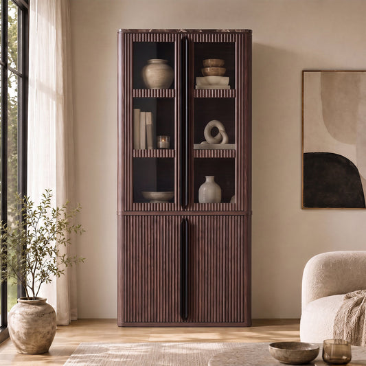 Hvoonc 77" Tall Fluted Accent Storage Cabinet with Doors and Shelves, Kitchen Pantry Cabinet Display Glass for Dining Room Home Office, Walnut Brown
