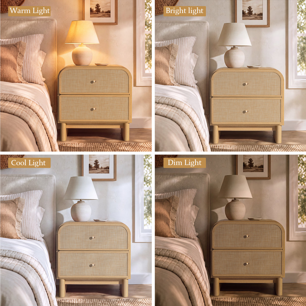 Hvoonc Nightstands Set of 2 with 2 Drawers, Large Rounded Rattan Bedside Tables with Storage, Modern End Tables for Bedroom, Natrual Oak Wood Finish