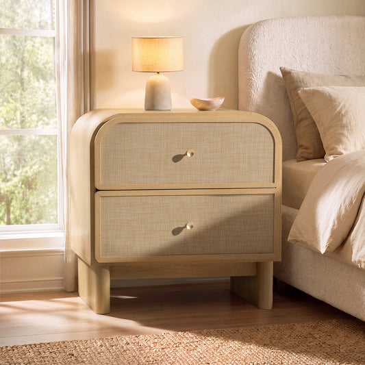 Hvoonc Nightstands Set of 2 with 2 Drawers, Large Rounded Rattan Bedside Tables with Storage, Modern End Tables for Bedroom, Natrual Oak Wood Finish
