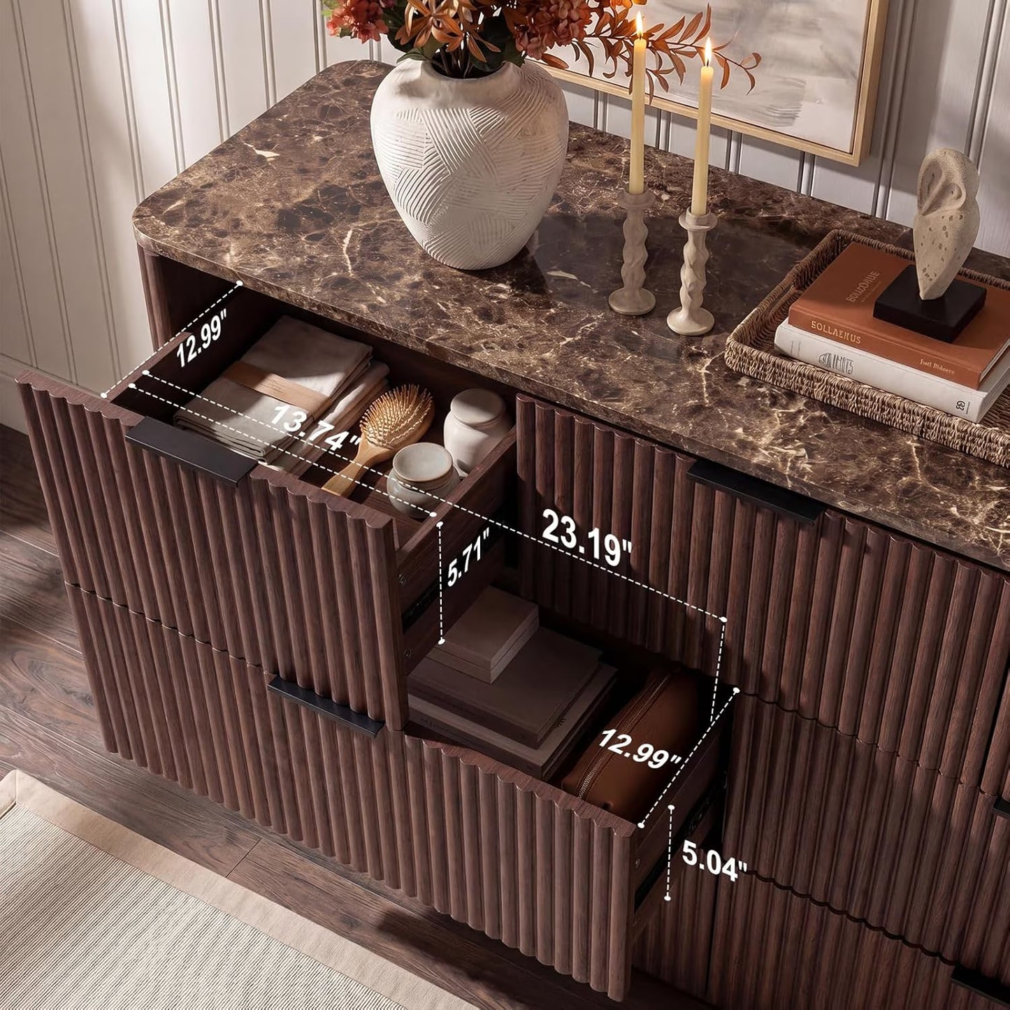 Hvoonc 54.5" Wide 7 Drawer Dresser for Bedroom, Faux Marble Top Storage Cabinet with 2" Thick Side Board, Walnut Brown