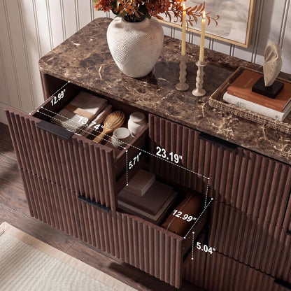 Hvoonc 54.5" Wide 7 Drawer Dresser for Bedroom, Faux Marble Top Storage Cabinet with 2" Thick Side Board, Walnut Brown
