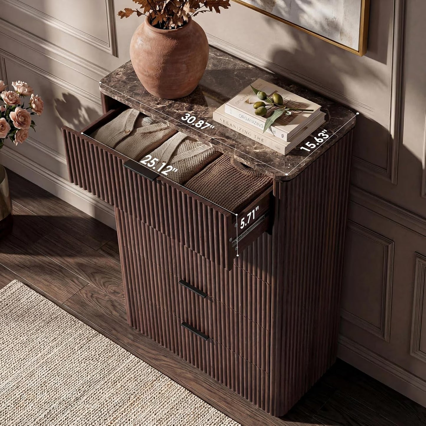 Hvoonc 5 Drawer Dressers for Bedroom, 46" Tall Chest of Drawers with Faux Marble Top for Living Room Storage, Walnut Brown