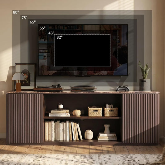 Hvoonc 70" Fluted TV Stands for Living Room with Faux Marble Top & Storage, Entertainment Center for 65-80" TVs, Walnut Brown