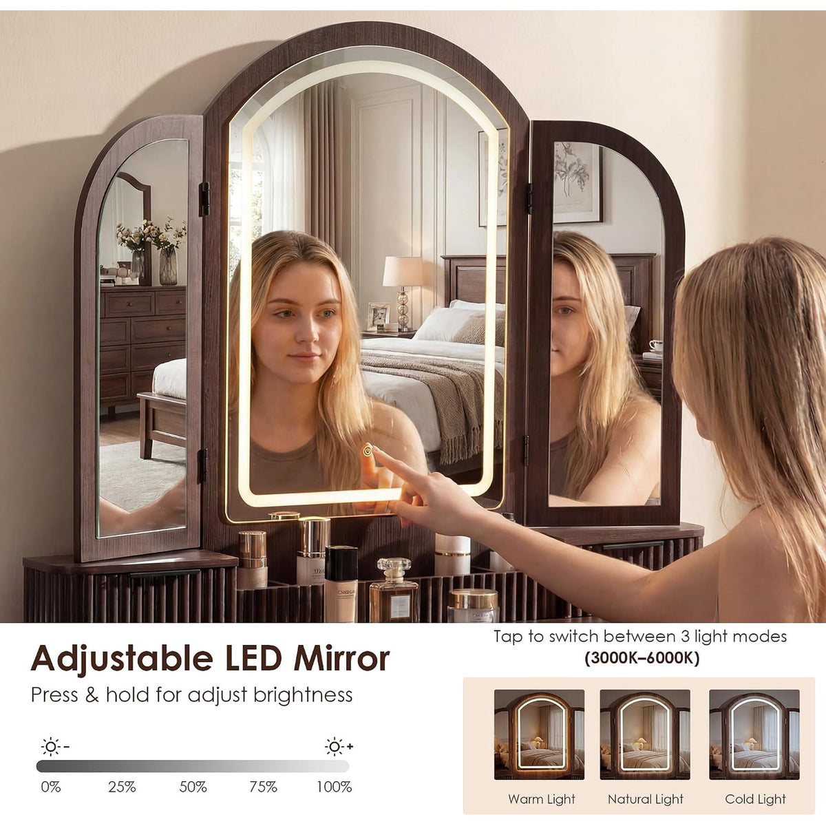 Hvoonc Vanity Desk with Trifold Mirrors and Lights, Fluted Makeup Vanity Table with 9 Drawers, Large Arched LED Mirror, Dressing Table with Storage for Bedroom, Walnut Brown