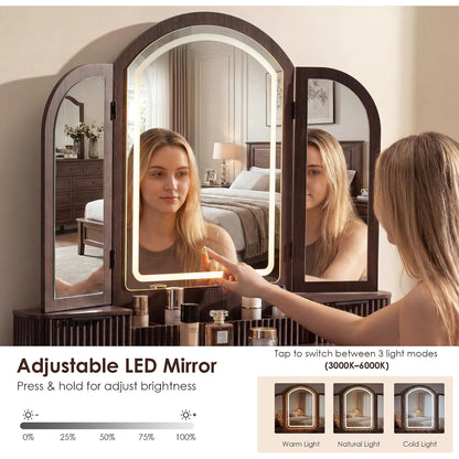 Hvoonc Vanity Desk with Trifold Mirrors and Lights, Fluted Makeup Vanity Table with 9 Drawers, Large Arched LED Mirror, Dressing Table with Storage for Bedroom, Walnut Brown