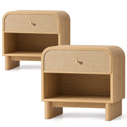 Hvoonc Nightstands Set of 2 with 1 Drawer and Open Shelf, Rounded Corner Rattan Bedside Tables with Storage, Modern End Tables for Bedroom, Natural Oak