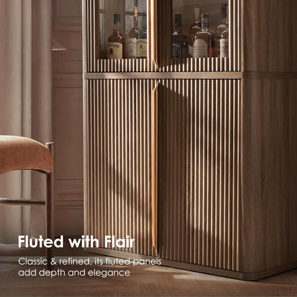 Hvoonc 77" Tall Fluted Accent Storage Cabinet with Glass Doors and Shelves, Kitchen Pantry Cabinet Organizer, Natural Oak