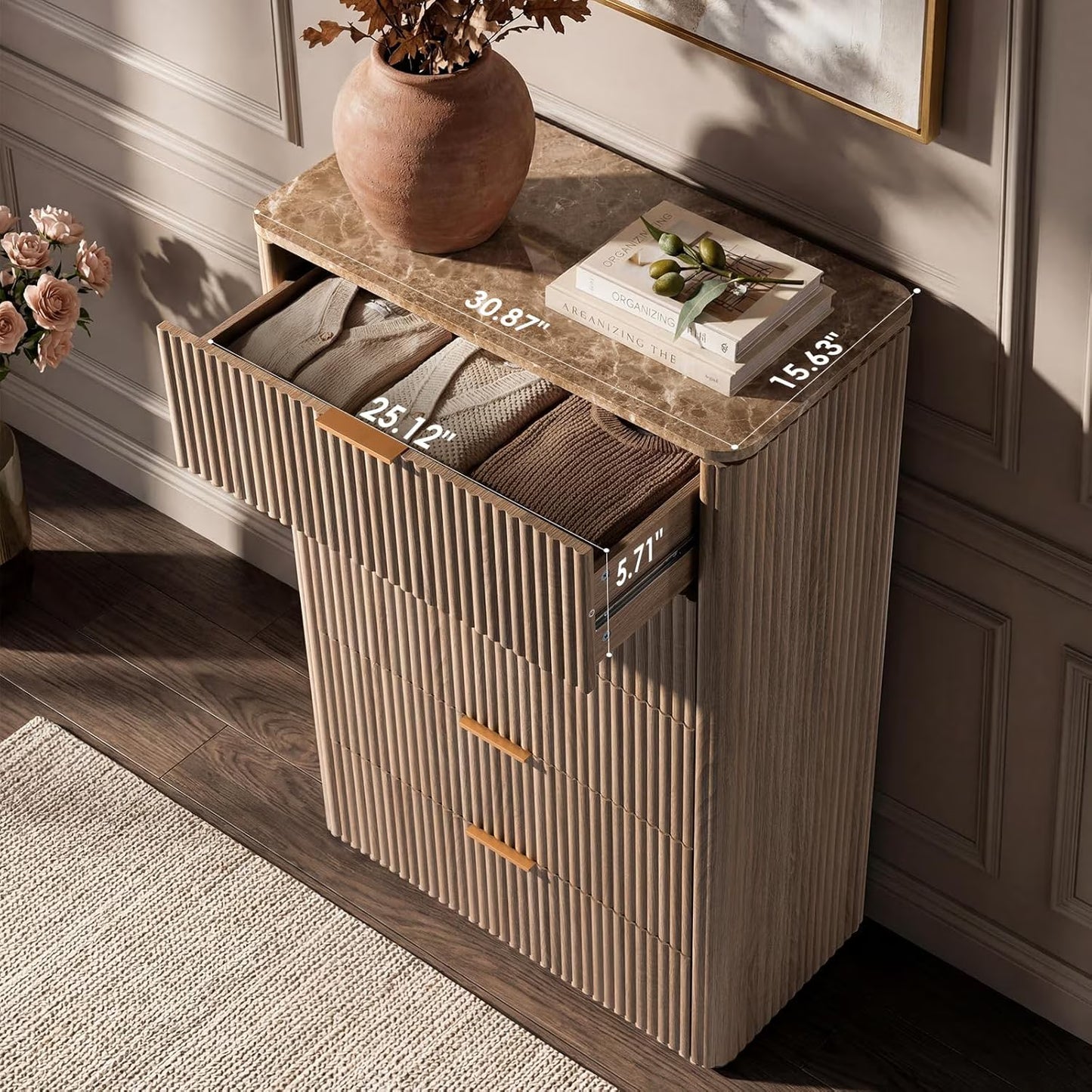 Hvoonc 5 Drawer Tall Dresser with Faux Marble Top, Fluted Wooden Chest of Drawers for Bedroom Small Spaces, Natural Oak