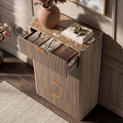 Hvoonc 5 Drawer Tall Dresser with Faux Marble Top, Fluted Wooden Chest of Drawers for Bedroom Small Spaces, Natural Oak