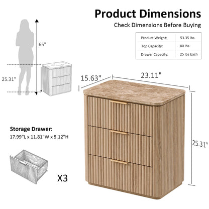 Hvoonc 3 Drawer Nightstands Set of 2, Fluted Bedside Tables with Faux Marble Top, Large Capacity Storage, Natural Oak