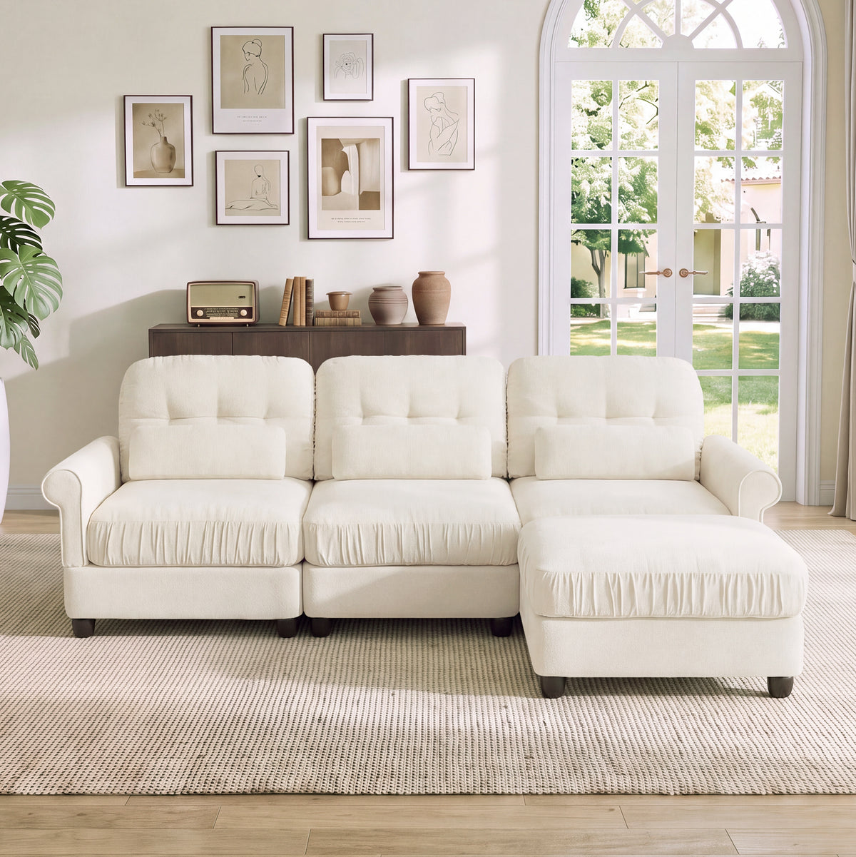 Hvoonc 98" Modular Sectional Sofa for Living Room, L Shaped Couch with Ottoman Chaise, Chenille Upholstery, Beige