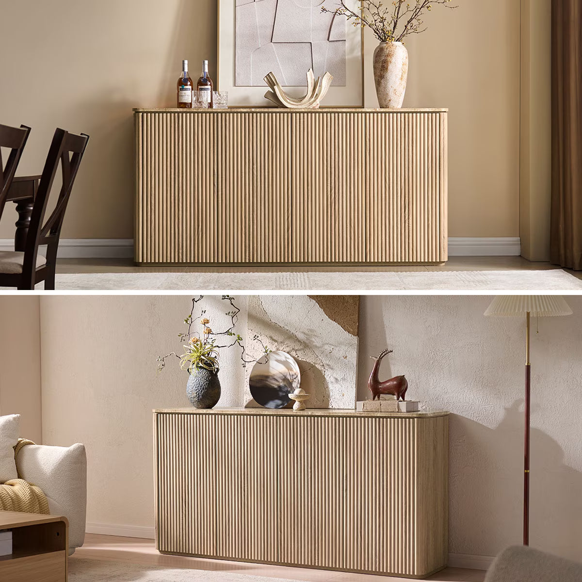 65.5"W Fluted Sideboard Buffet Cabinet with Storage, 4 Push-to-Open Doors,Natural Oak