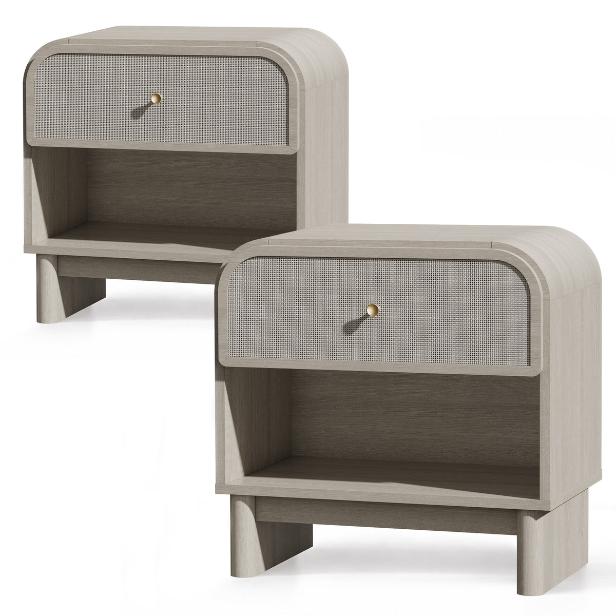 Hvoonc Nightstands Set of 2 with 1 Drawer and Open Shelf, Rounded Corner Rattan Bedside Tables with Storage, Modern End Tables for Bedroom, Gray Oak