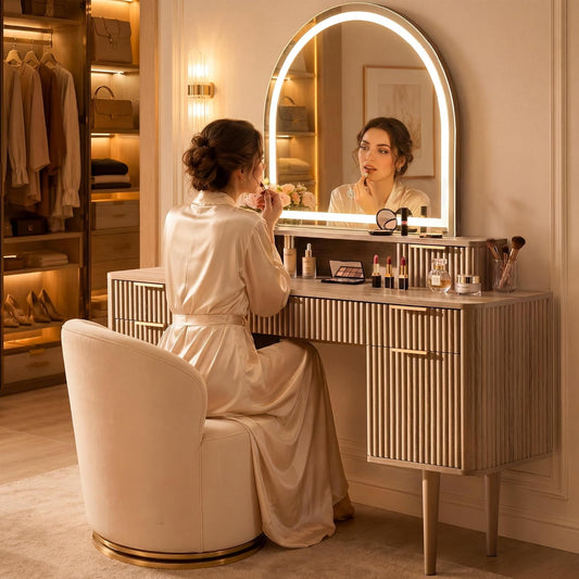 Hvoonc Vanity Desk with Mirror and Lights, Fluted Makeup Vanity Table with 7 Drawers, Large Arched LED Mirror, Dressing Table with Storage for Bedroom, Natural Oak