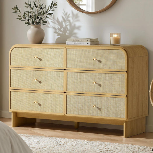 Hvoonc Modern Rattan 6 Drawer Dresser, 55.1" Wide Curved Chest of Drawers for Bedroom with Large Rounded Corners, Natural Oak