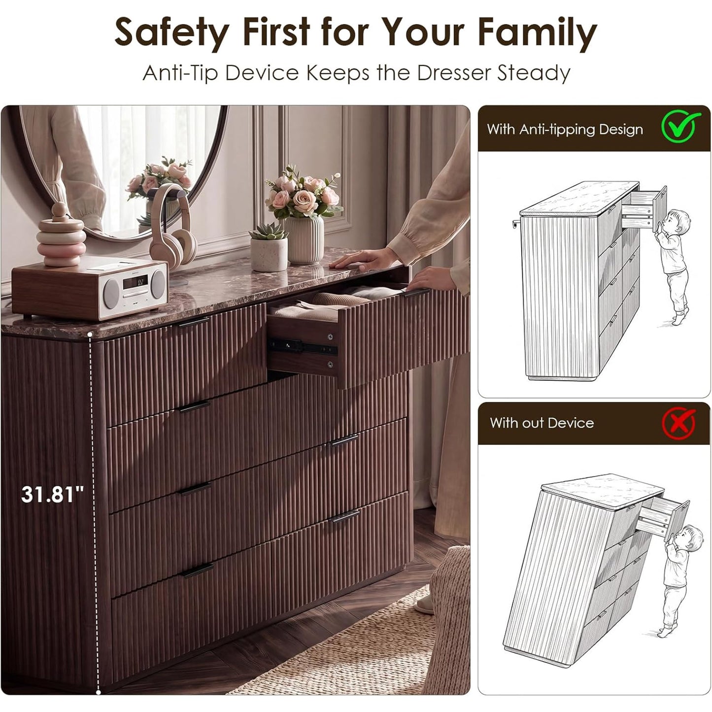 Hvoonc 8 Drawer Dresser with Faux Marble Top, 54.5" Wide Fluted Storage Cabinet for Bedroom, Walnut Brown