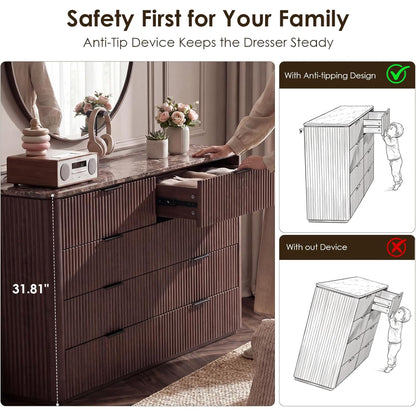 Hvoonc 8 Drawer Dresser with Faux Marble Top, 54.5" Wide Fluted Storage Cabinet for Bedroom, Walnut Brown