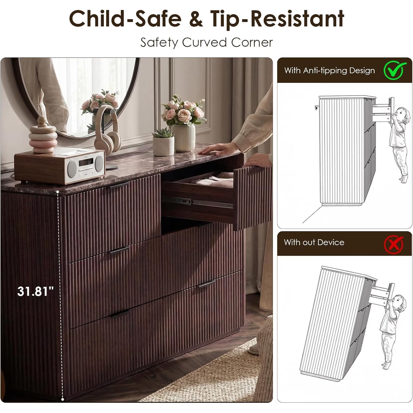 Hvoonc 54.5" Wide 7 Drawer Dresser for Bedroom, Faux Marble Top Storage Cabinet with 2" Thick Side Board, Walnut Brown