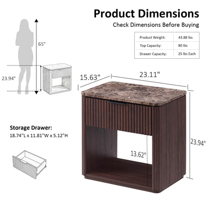Hvoonc Fluted Nightstand with Drawer, Faux Marble Top, 24" Tall Modern End Table for Living Room, Rounded Corner Design, Walnut Brown