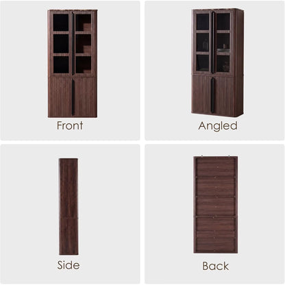 Hvoonc 77" Tall Fluted Accent Storage Cabinet with Glass Doors and Shelves, Kitchen Pantry Cabinet Organizer, Natural Oak