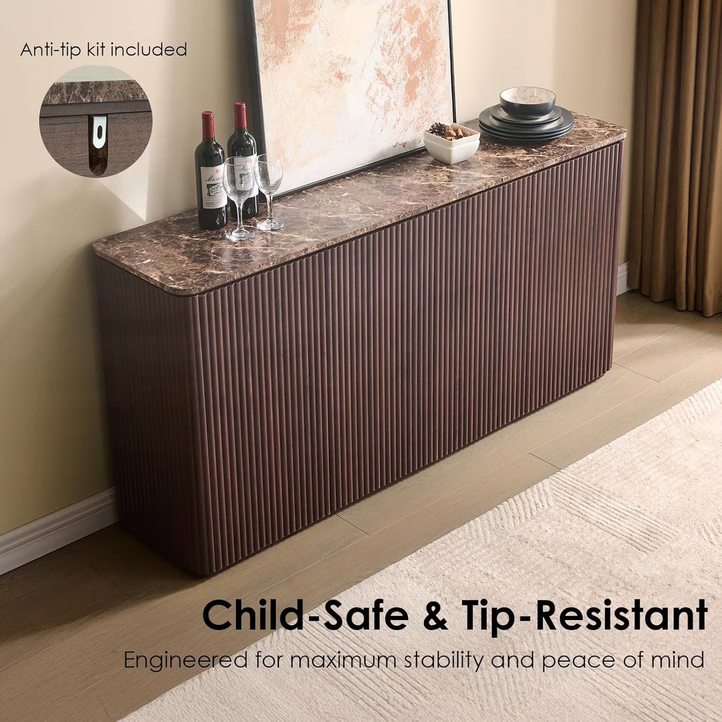 65.5"W Fluted Sideboard Buffet Cabinet with Storage, 4 Push-to-Open Doors, Walnut Brown