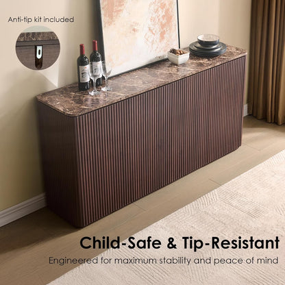 65.5"W Fluted Sideboard Buffet Cabinet with Storage, 4 Push-to-Open Doors, Walnut Brown