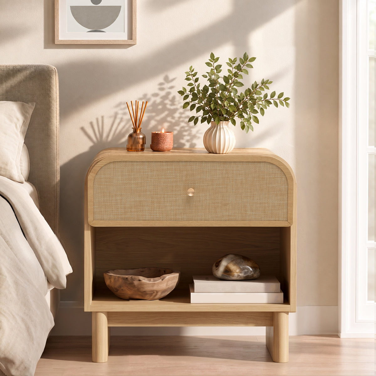 Hvoonc Rattan Nightstand with Open Shelf, Rounded Corner Bedside Tables with Drawer Storage, Modern End Tables for Bedroom, Natural Oak